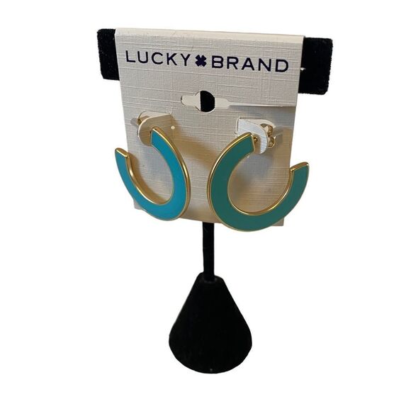 Lucky Brand Turquoise & Gold Toned Enamel Hoops. - Picture 3 of 6